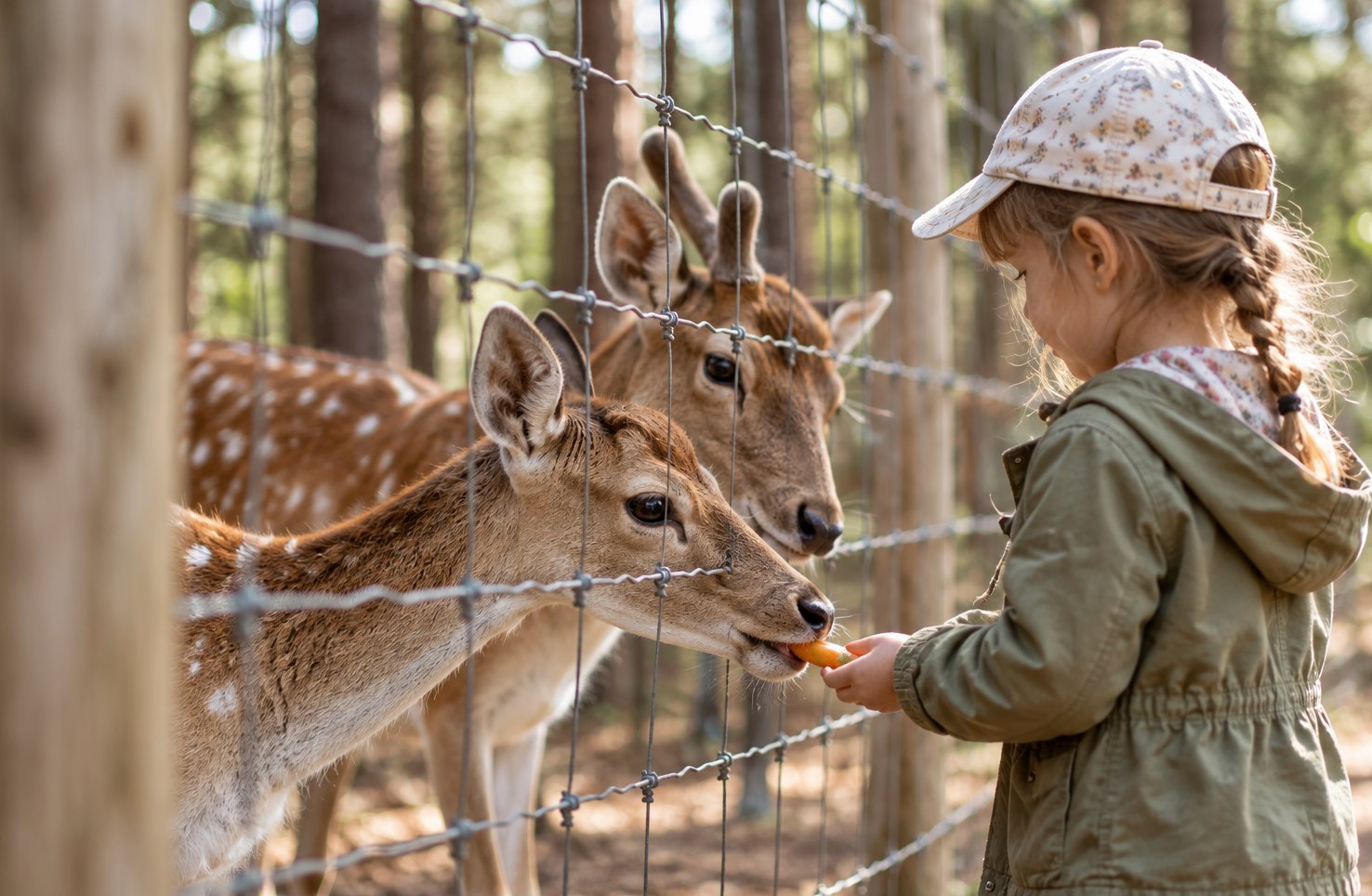 Kind füttert Rehe am Wildgehege