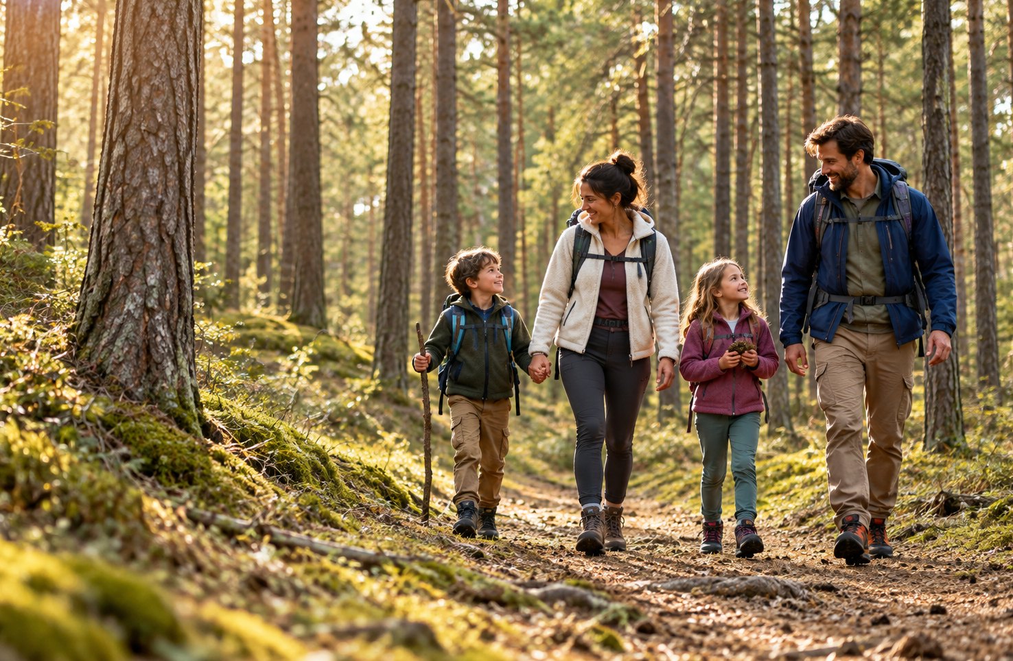 Familie wandert gemeinsam durch einen Kiefernwald